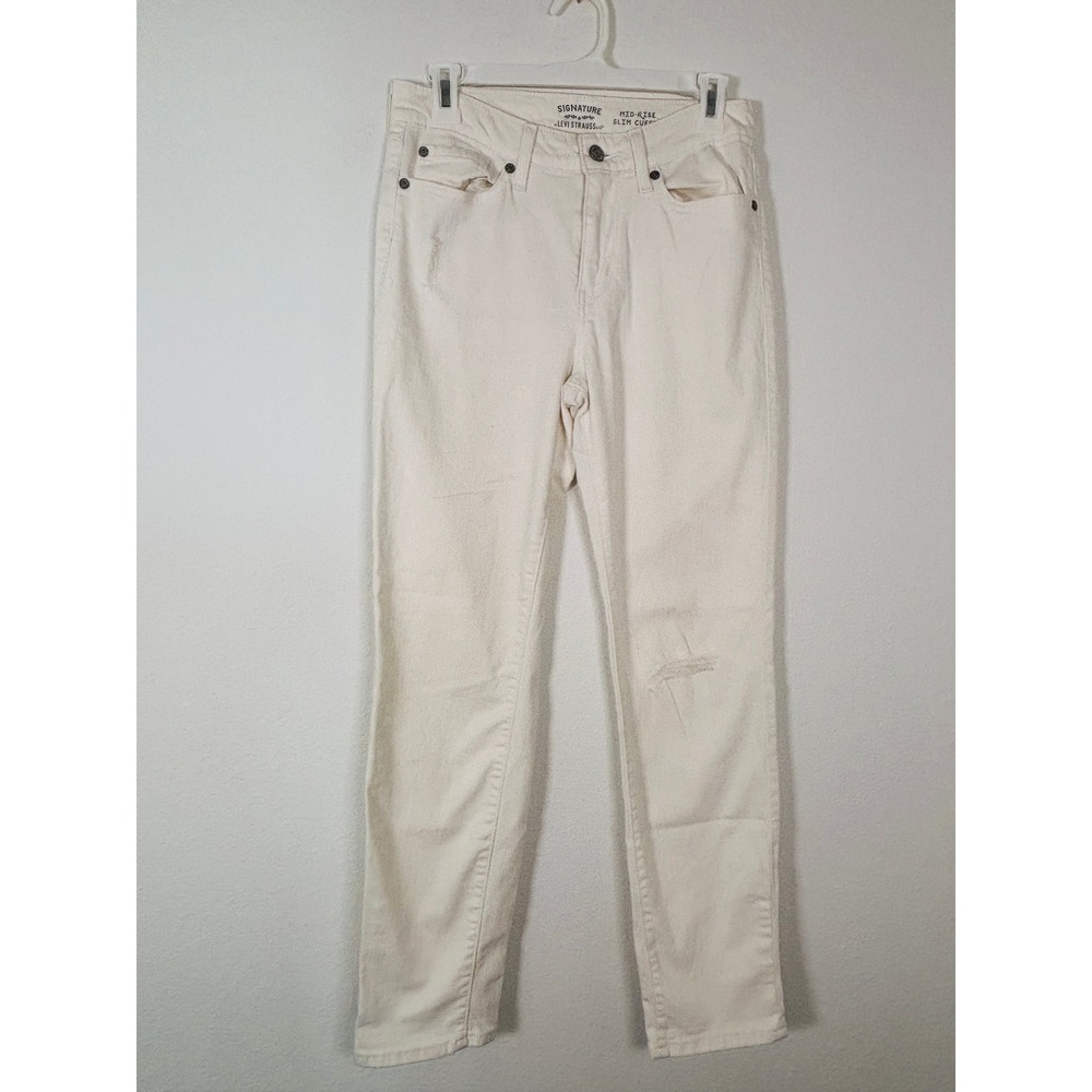 Signature by‎ Levi Strauss Womens Mid-Rise Slim Cuffed White Distressed Jeans 28